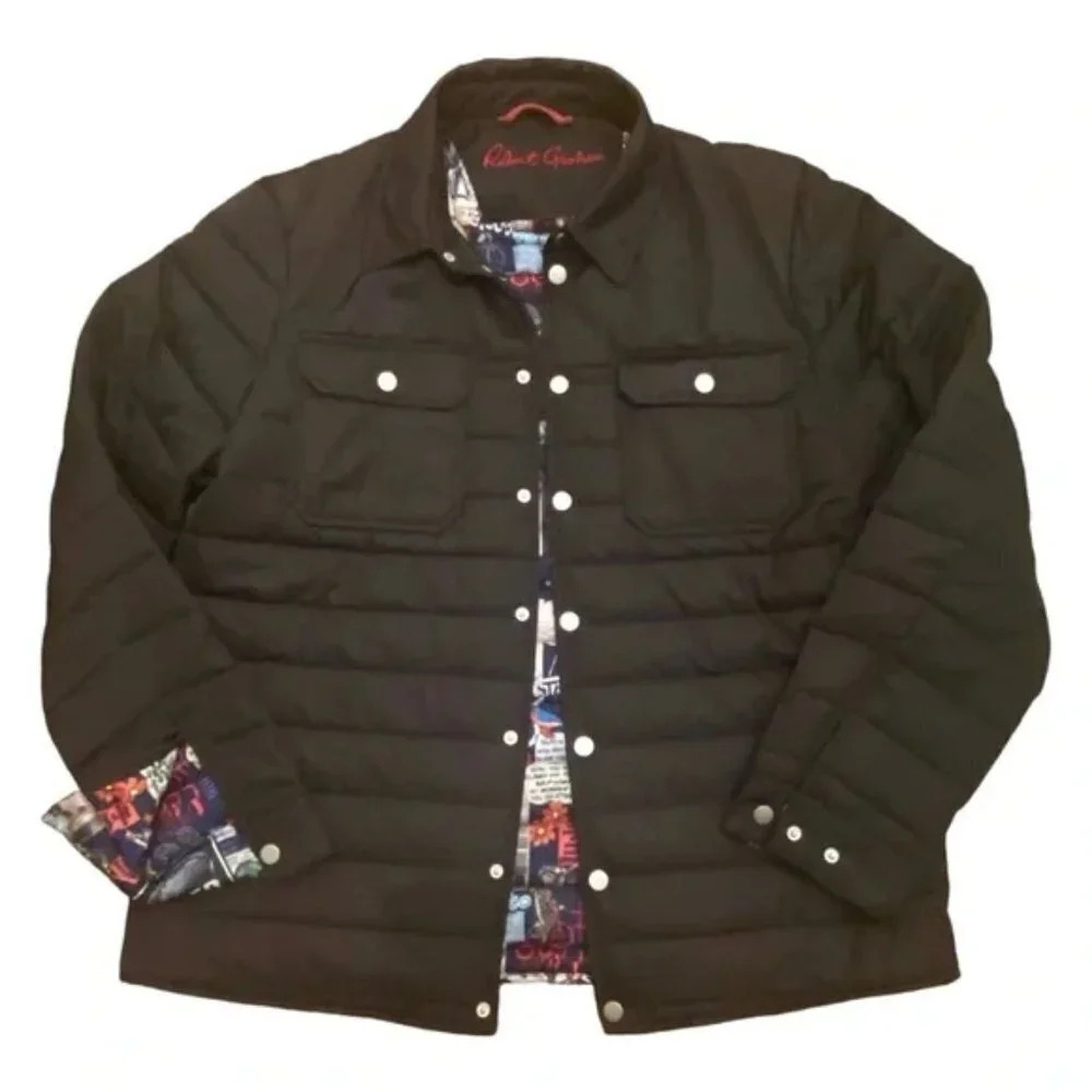 NWOT Robert Graham Black Quilted Shirt Jacket Graphic Printed Lining. Sz: S